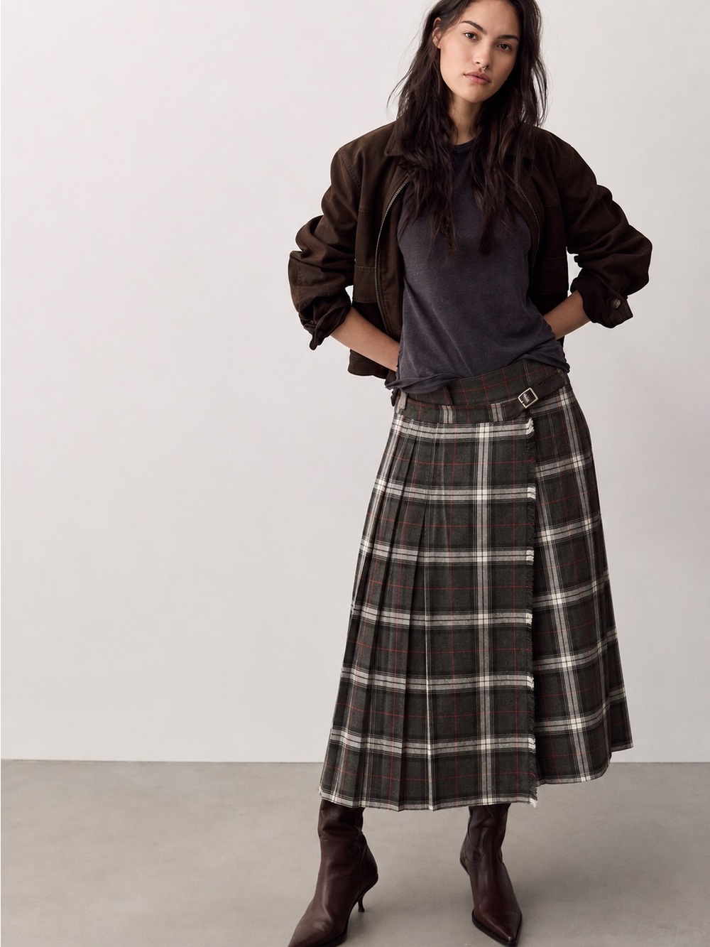 184. Pleated Plaid Maxi Skirt in Charcoal and Ivory